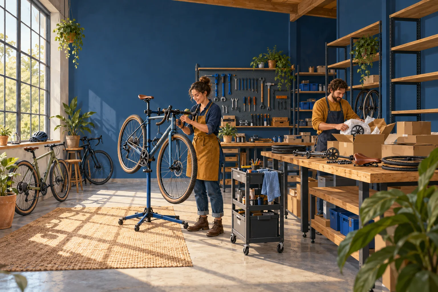 Deux personnes travaillent dans un atelier de vélos, entre outils, pièces et cartons.