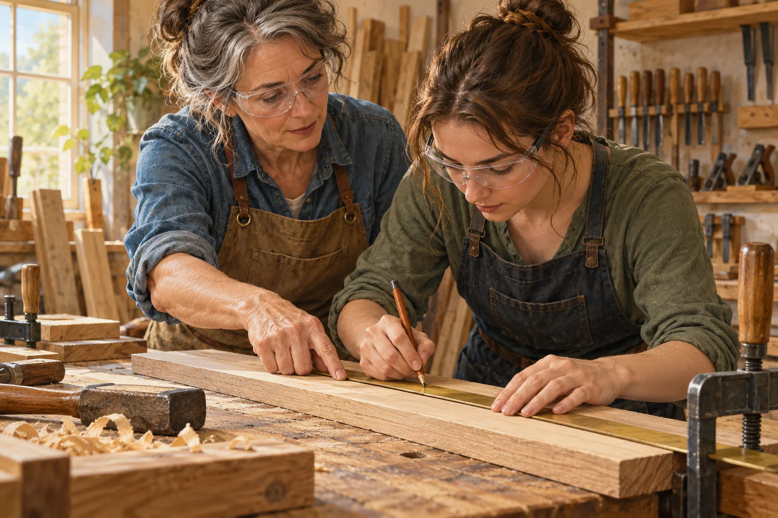 Deux femmes portant des lunettes de protection mesurent une planche dans un atelier de menuiserie.